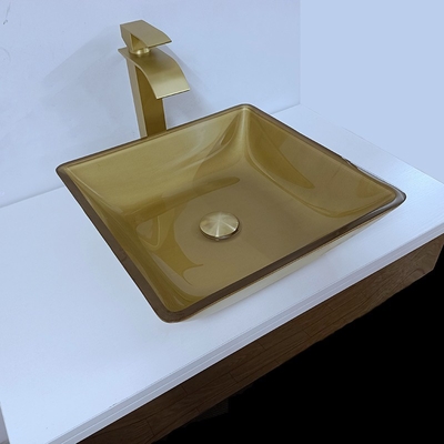 400m Waschraum-Becken-Wannen-Quadrat-Schiff-glattes gebürstetes Goldausgeglichenes Glas
