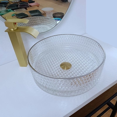 10 Zoll-Glaswaschbecken-freie stehende künstlerische Glasschiff-Schüssel mit silbernem Rand