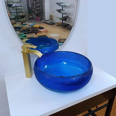 Italienischer Entwurfs-blaue Glaswannen-Schüssel 16,5 Zoll-rundes Glas über Gegenbecken