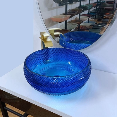 Italienischer Entwurfs-blaue Glaswannen-Schüssel 16,5 Zoll-rundes Glas über Gegenbecken