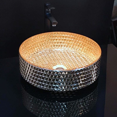 Eitelkeits-Runden-Badezimmer-Becken chromierte Gold Diamond Shape Crystal Glass