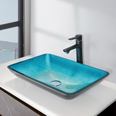 Ausgeglichene blaue Rechteck-Schiff-Glaswanne 560 * 360 * 110mm mit Hahn