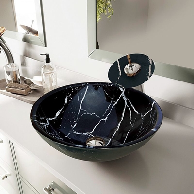145mm Schwarzglas-Becken-Schüssel Countertop maserte glattes mit weißen Linien