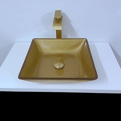 400m Waschraum-Becken-Wannen-Quadrat-Schiff-glattes gebürstetes Goldausgeglichenes Glas