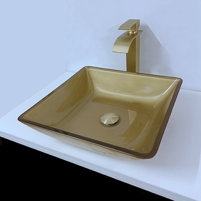 400m Waschraum-Becken-Wannen-Quadrat-Schiff-glattes gebürstetes Goldausgeglichenes Glas