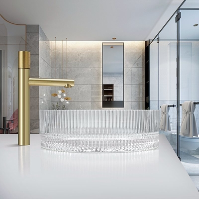 Zylinder-Tischplatte-Schiff-Wannen des geformten Klarglas-Waschbecken-Restaurant-Kristall-15,5“