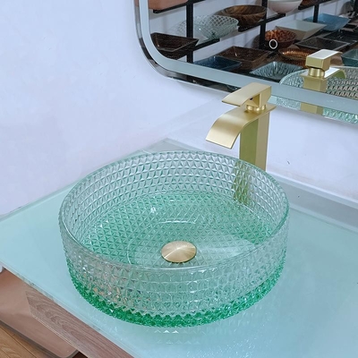 Diamond Shape Crystal Glass Vessel sinkt Tischplatte-Waschbecken-Grün-Unterseite