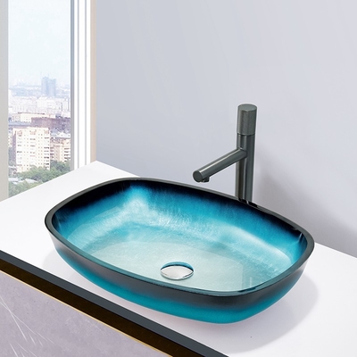 Glassteigungs-brachte blauer ausgeglichener Bad-Waschbecken-Melonen-Form-Tischplatte Countertop an