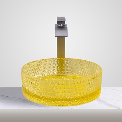 Modernes Zylinderwaschbecken aus Glas, Badezimmerschrank, Waschbecken, transparente gelbe Farbe