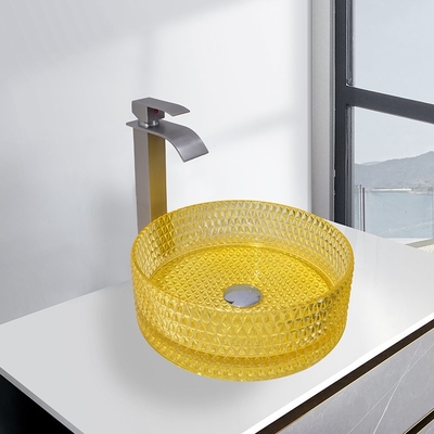 Modernes Zylinderwaschbecken aus Glas, Badezimmerschrank, Waschbecken, transparente gelbe Farbe