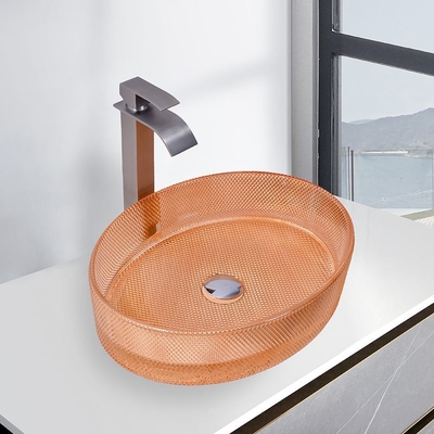 Oval geformte Glasgefäßbecken Moderne orangefarbene Badezimmergefäßspülen