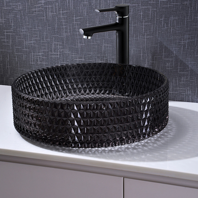 Diamond Shape Crystal Wash Basin 22 Zoll transparente schwarze runde Countertop-Wanne